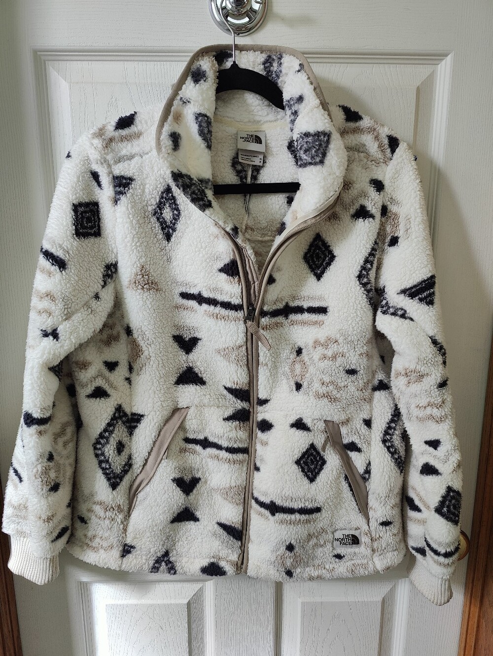The North Face Women's Cream Sherpa Jacket with Black & Tan Geometric Print